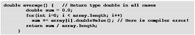 Text Box: double average() {   // Return type double in all cases
        double sum = 0.0;
        for(int i=0; i < array.length; i++)
          sum += array[i].doubleValue(); // Here is compiler error!
        return sum / array.length;
     }
