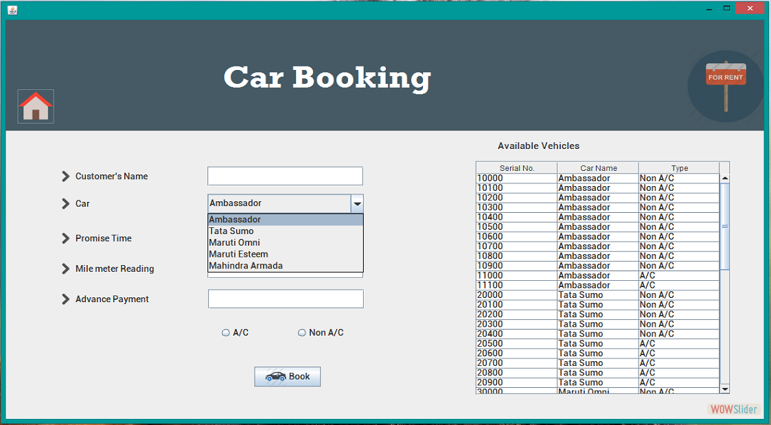 Car Booking Menu